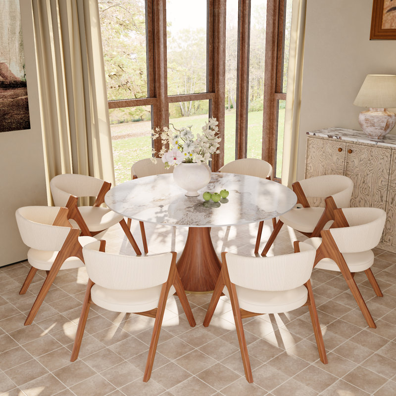 Ensemble de table ronde en pierre frittée élégante et chaises rembourrées pour 4-8 personnes, 30 po x L 59 po x l 59 po