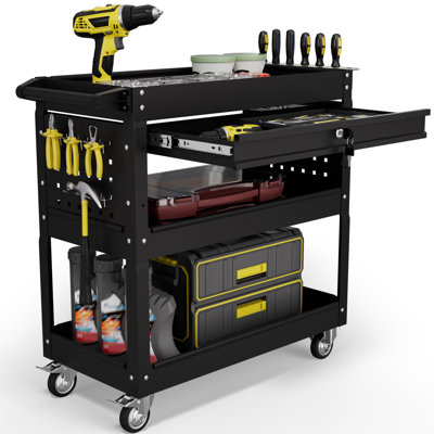 3 Tier Tool Cart with Locking Drawer - Metal Service Cart for Mechanic（Black）