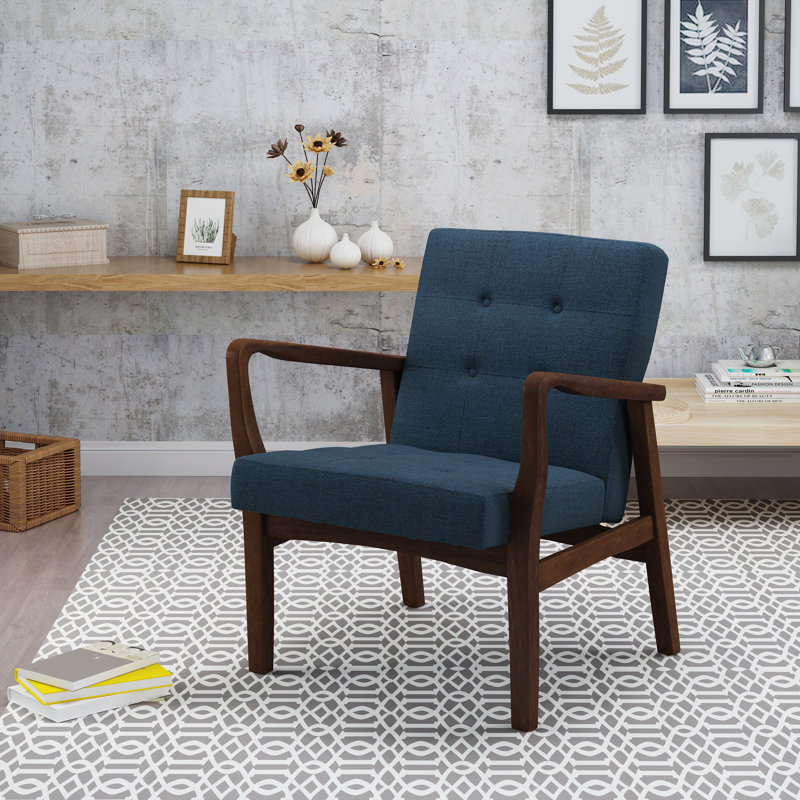 Babic 28.25" Wide Tufted Armchair, Navy Blue Polyester, Espresso Wood