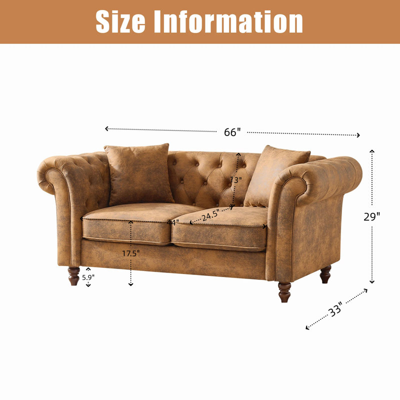 66" Chesterfield Sofa Upholstered Loveseat Couch With Throw Pillows For Living Room, Bedroom, Or Office, Brown