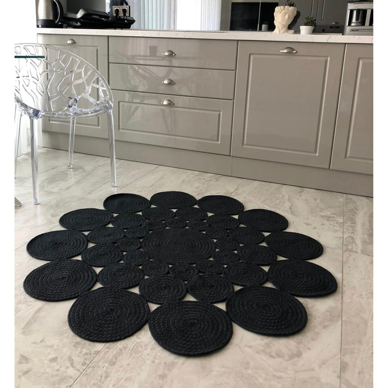 Tapis noir en jute tissé à la machine Tarbes, Rond 2 pi 11 po