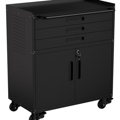 Établi mobile de 34,3 po robuste, organisateur tout-en-un avec 3 tiroirs, 2 compartiments verrouillables et panneaux latéraux perforés avec rangement en métal pour atelier de garage, établi lisse