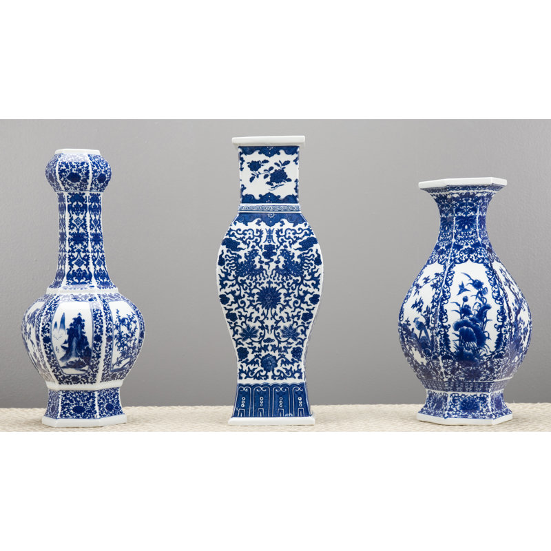 Hexagonal Porcelain Vase with Floral and Bird Motif Blue and White