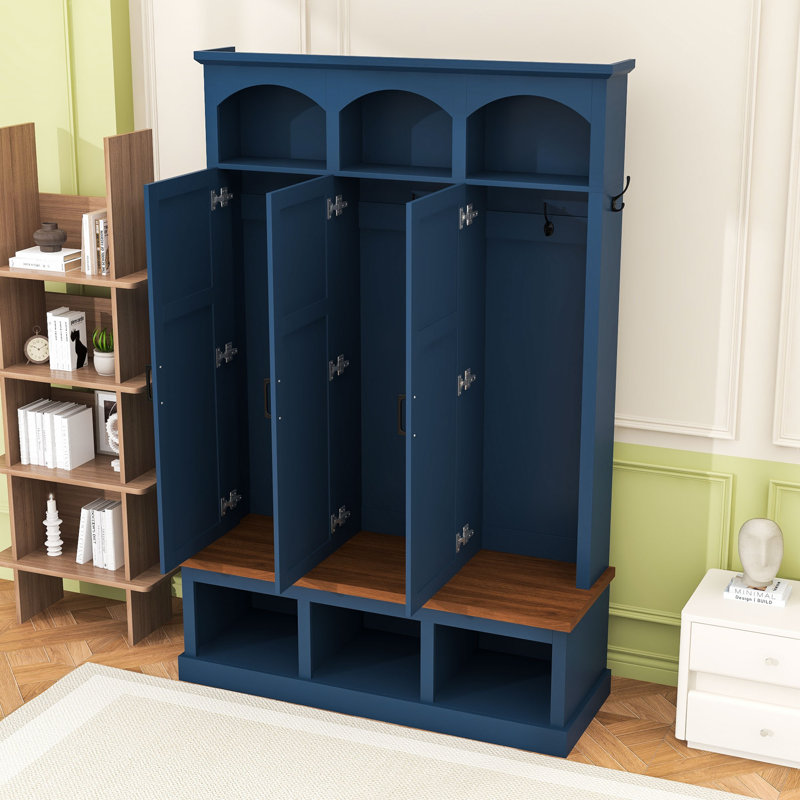 Wooden Hall Tree with Storage Cabinets, Bench and Hooks, Blue