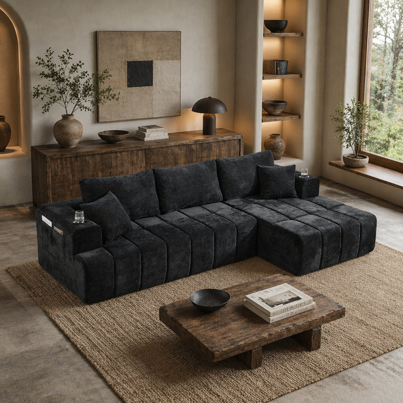 Canapé modulaire modulaire en chenille avec méridienne et porte-gobelets pour un confort de salon ultime., Noir