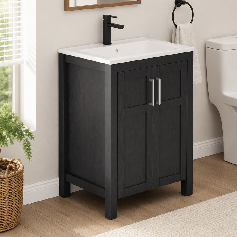 Meuble de salle de bain noir de 61 cm (24 pouces), associé à un lavabo en céramique blanche, présentant un design moderne et fabriqué à partir de matériaux imperméables et durables.