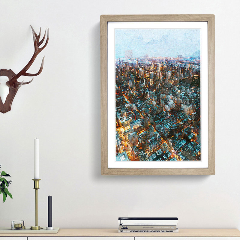 Above New York City In Abstract - Single Picture Frame Painting, Oak Framed, 33cm H x 24cm W x 2cm D