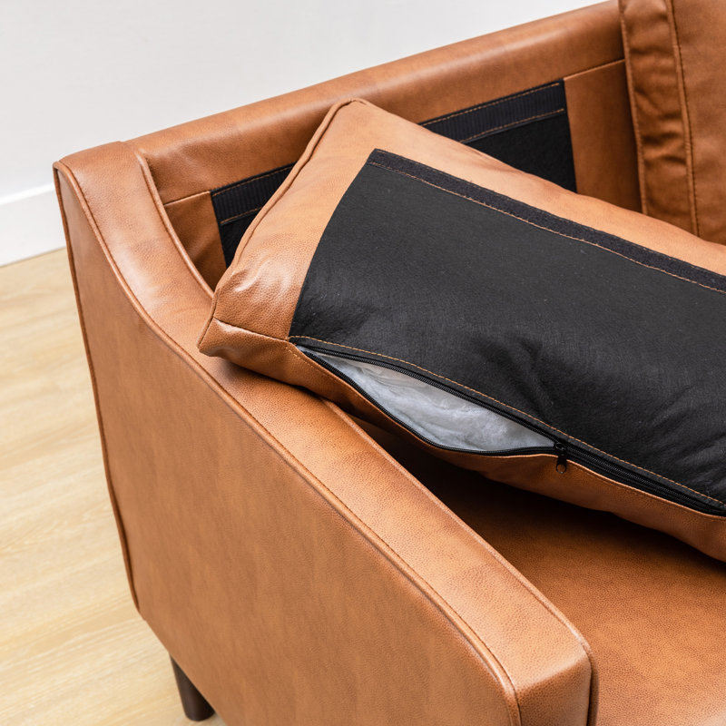  Jannae 80" Vegan Faux Leather Upholstered Square Arm Sofa, Jannae Orange-Brown Faux Leather