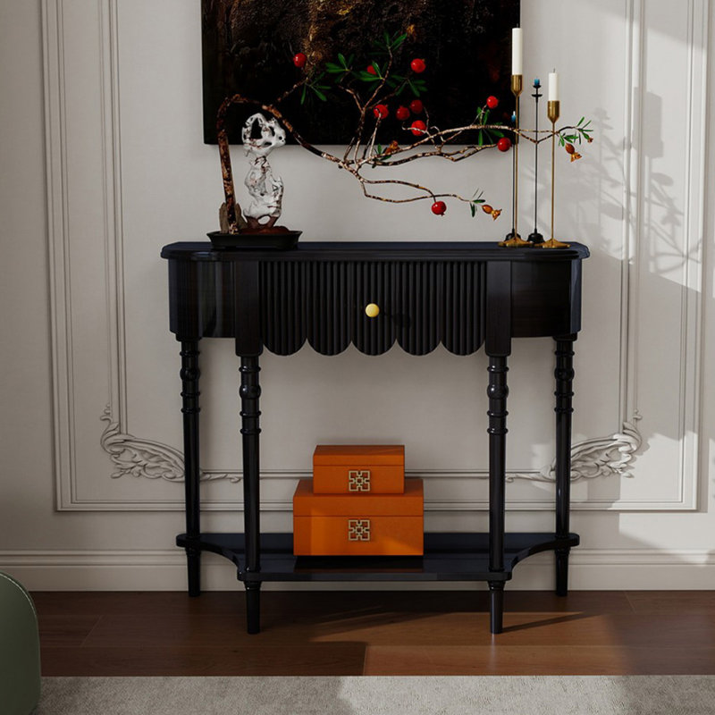 Console demi-cercle en bois massif noir, 34.65" H x 31.5" W x 11.81" D