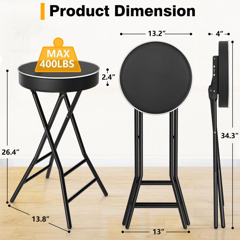 Ensemble de 2 tabourets pliants de 26 po avec siège rembourré - capacité de 400 lb, noir, 2