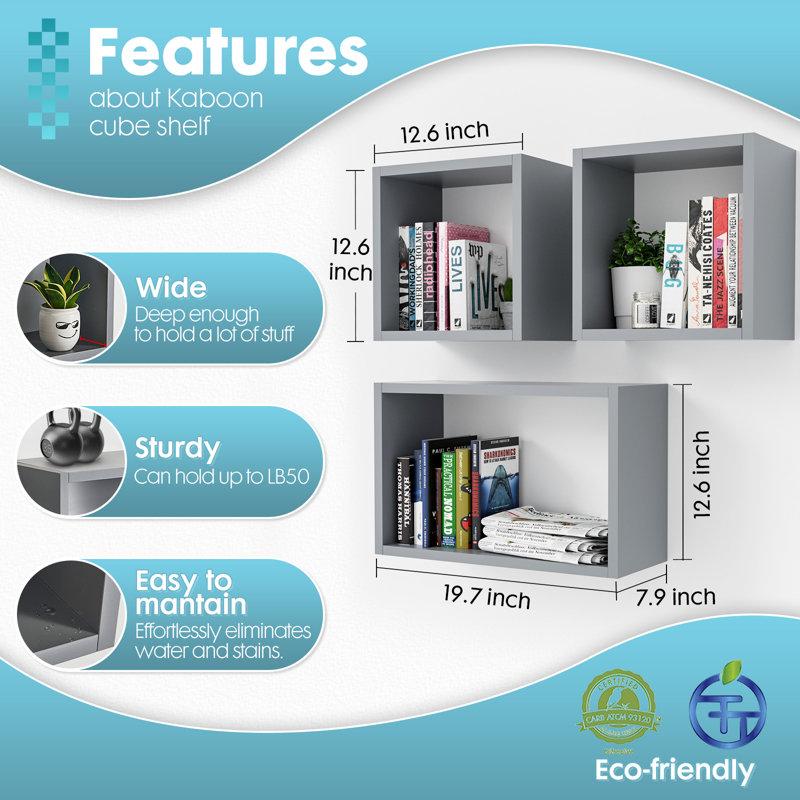  Wall Mount Cube Shelf Set Of 3, Floating Cube Shelves For Space Discovery, Gray, Gray