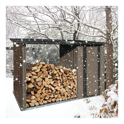 Outdoor Metal Firewood Rack And Storage Shed, Brown And Black,Two-In-One Function