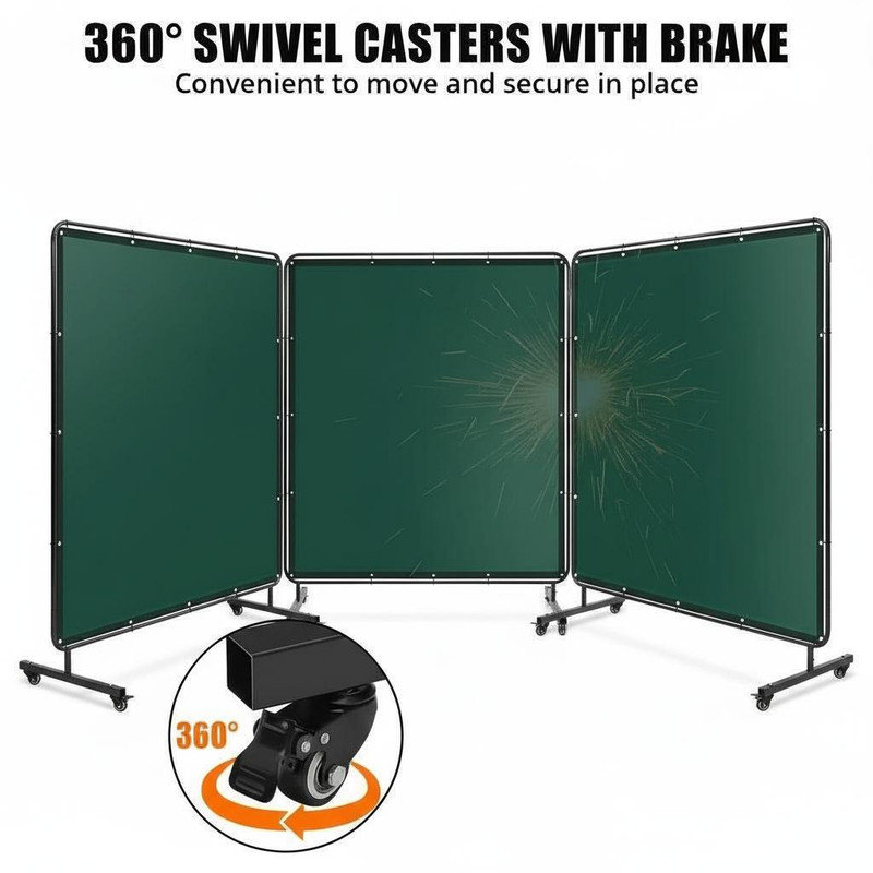 Flame-Resistant 3-Panel Welding Screen with Frame – Transparent PVC Curtain, Steel Frame, Lockable Swivel Casters, Portable Welding Protection for Workshop, Garage