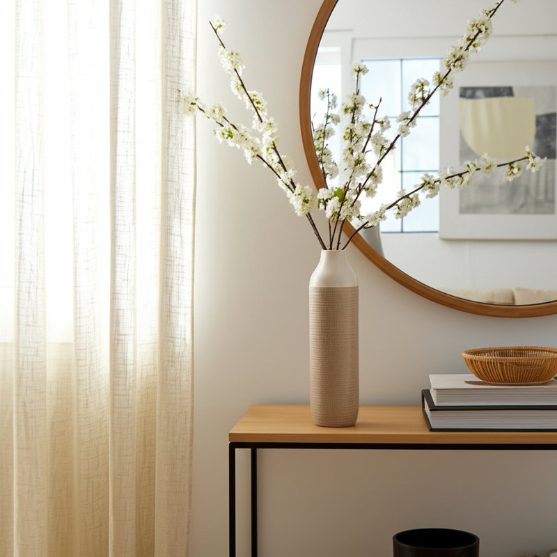 Stoneware Ceramic Vase - Textured Casual Home Decor Accent with Grid Relief Design, 16" H x 5" W x 5" D, 2 Tone Tan