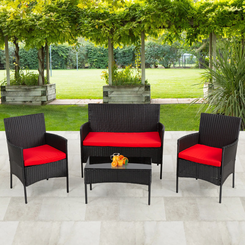 Wicker - Person Patio Conversation Set with Cushions, Black, Red