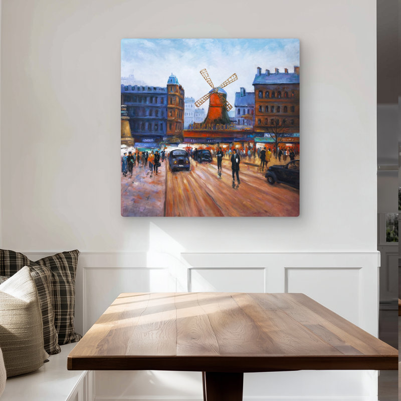 Street scene to moulin rouge - Contemporary Beige metal print