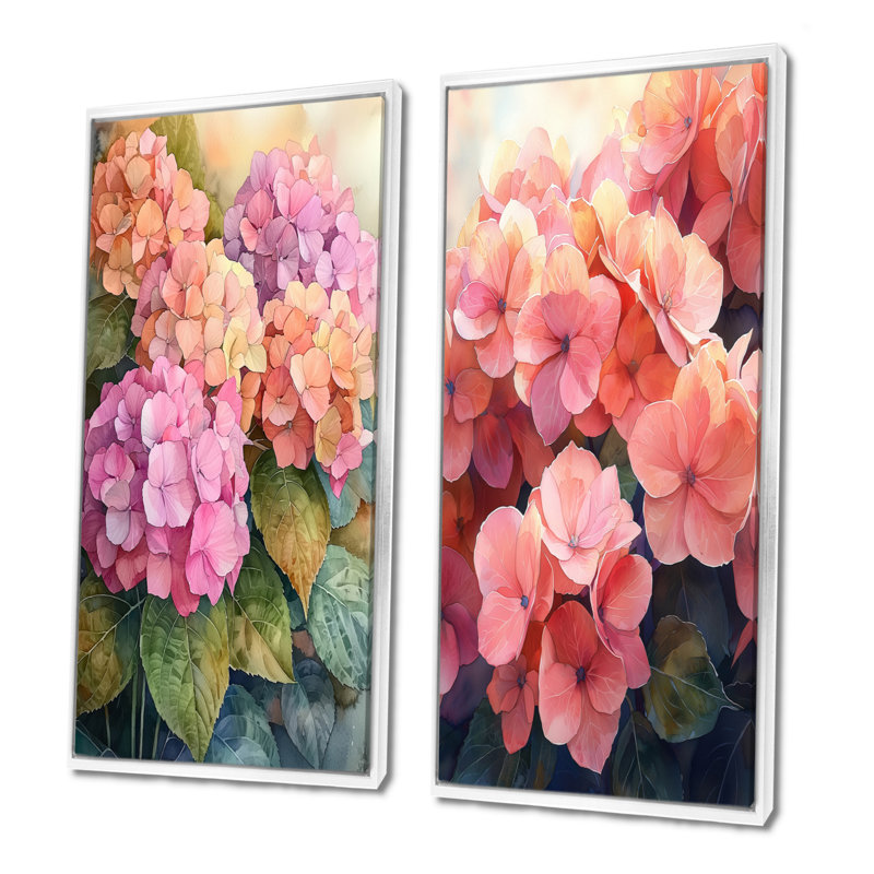 Hydrangeas in the Sunset Glow III - Art mural floral 2 panneaux, H 32 po x l 33 po, Reproduction encadrée sans passe-partout