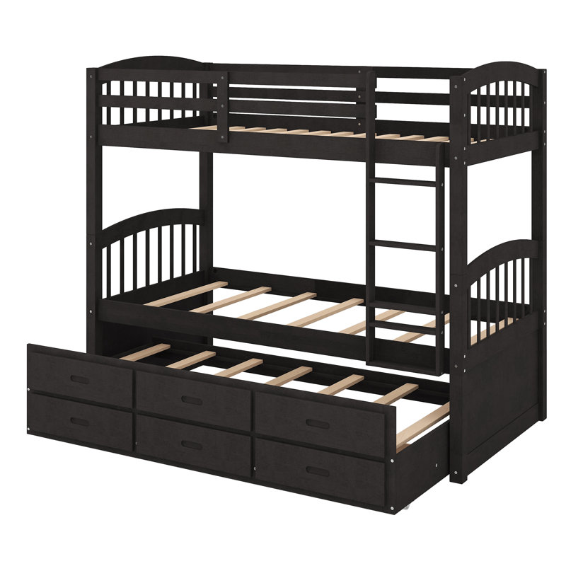 Lit simple superposé en bois avec lit gigogne et tiroirs, Espresso