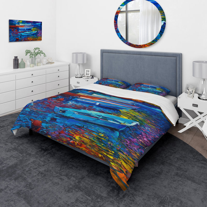 Ensemble de housse de couette Designart Voiliers et mer, Housse de couette très grand + 2 taies décoratives
