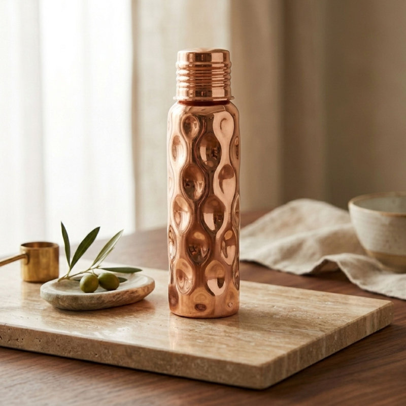 Hammered Solid Copper Water Bottle & Genuine Leather Carrying Bag Set, 750 ml