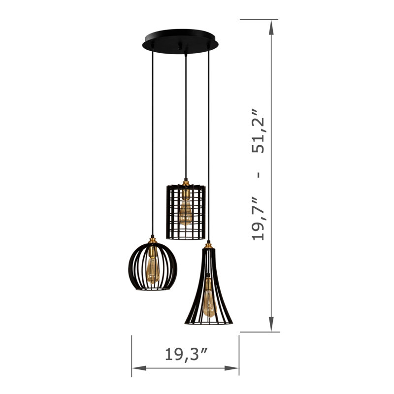 Luminaire suspendu en métal à hauteur réglable 3 lumières