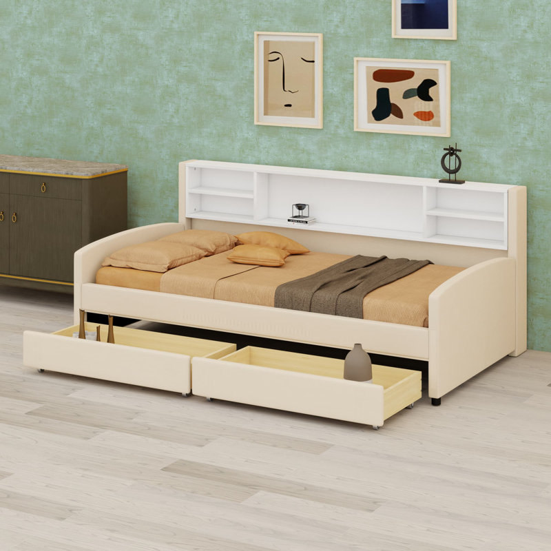 Lit plateforme tapissier avec rangement et tiroirs, Beige