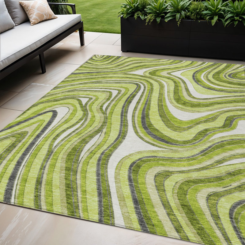 Tapis extérieur lavable abstrait vert lime et gris anthracite 5 pi x 8 pi