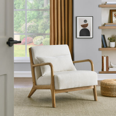 Yashira Cann Mid-century Modern Style Accent Chair With Removable Lumbar Pillow, Solid Wood Legs, White Seat