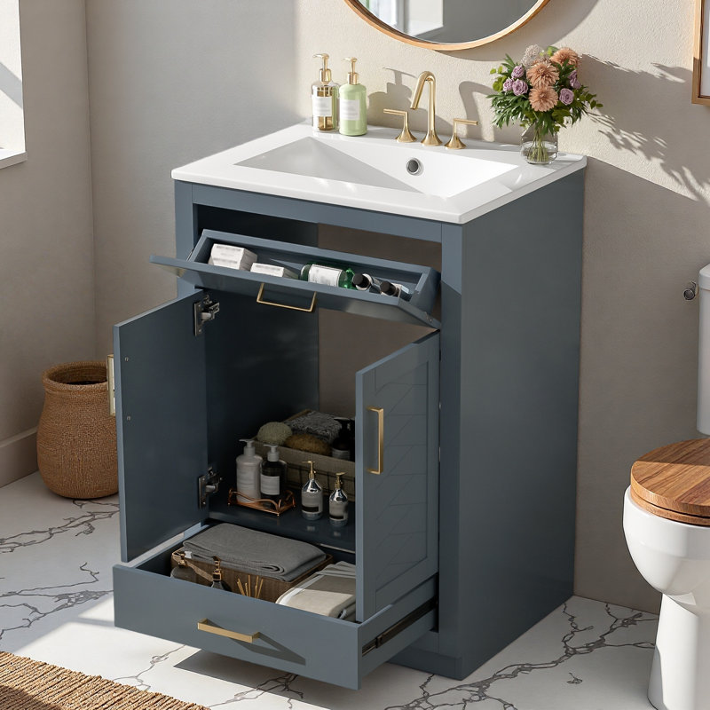 Meuble-lavabo de salle de bain avec lavabo en céramique, 1 grande armoire de rangement, 1 tiroir pleine extension et 1 tiroir basculant