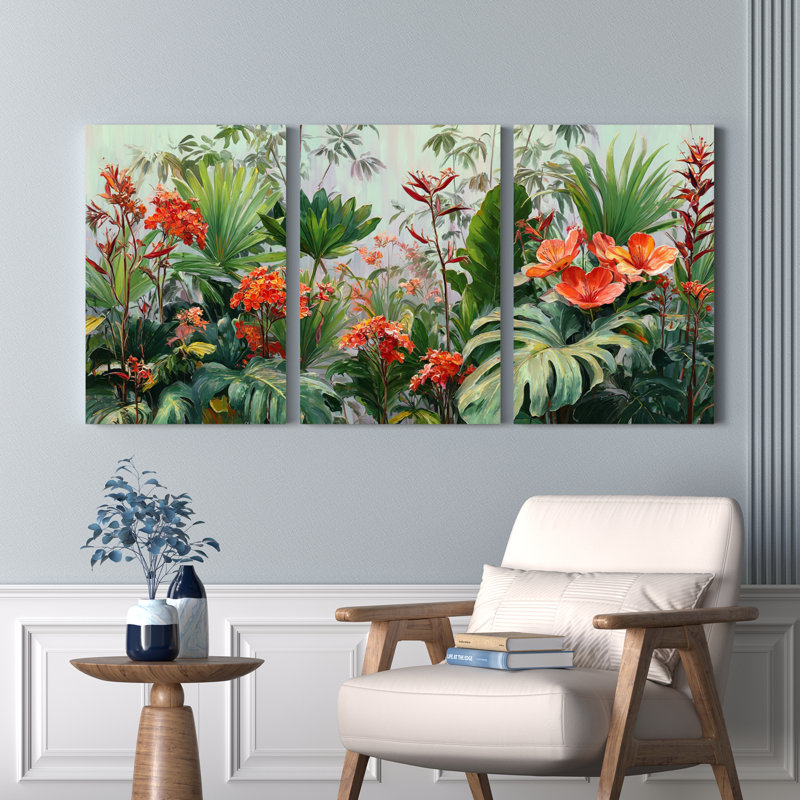Ensemble de 3 tableaux muraux sur toile représentant un jardin floral tropical, H 18 po x l 36 po