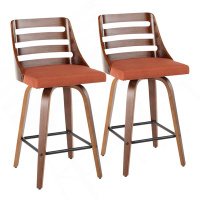 Tabouret de comptoir Trevi Mid-Century moderne en bois de noyer et tissu orange par Lumisource - ensemble de 2