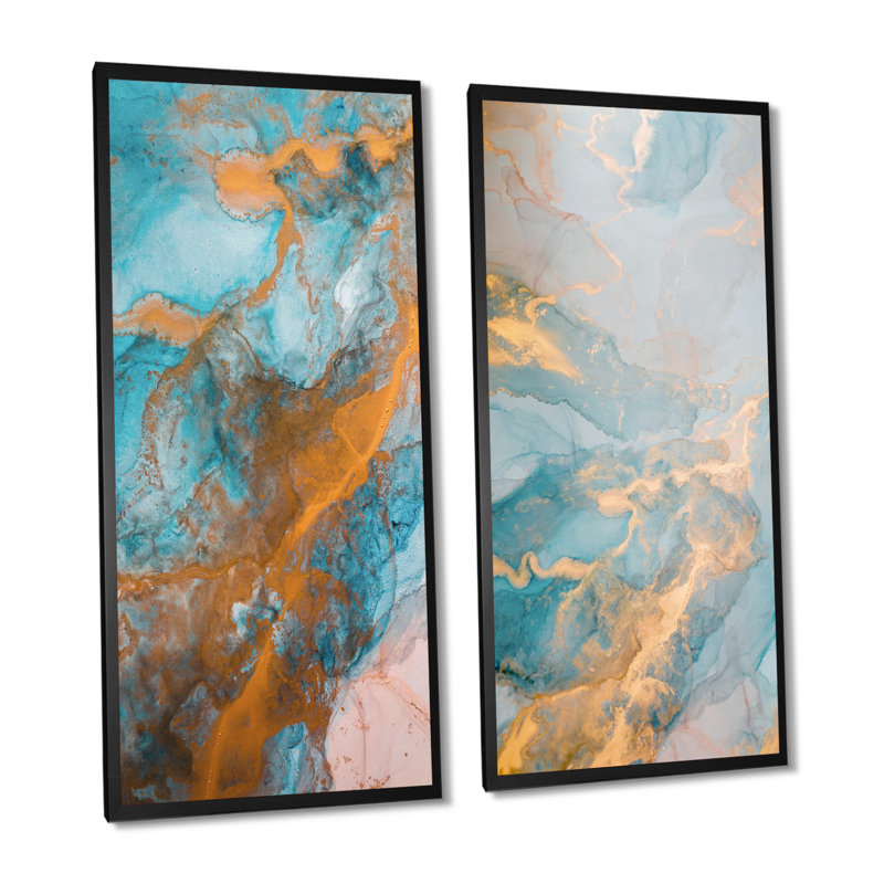 «Luxury Turquoise and Gold Marble Flow Art», ensemble de 2 impressions sur toile, H 40 po x l 40 po x P 1 po