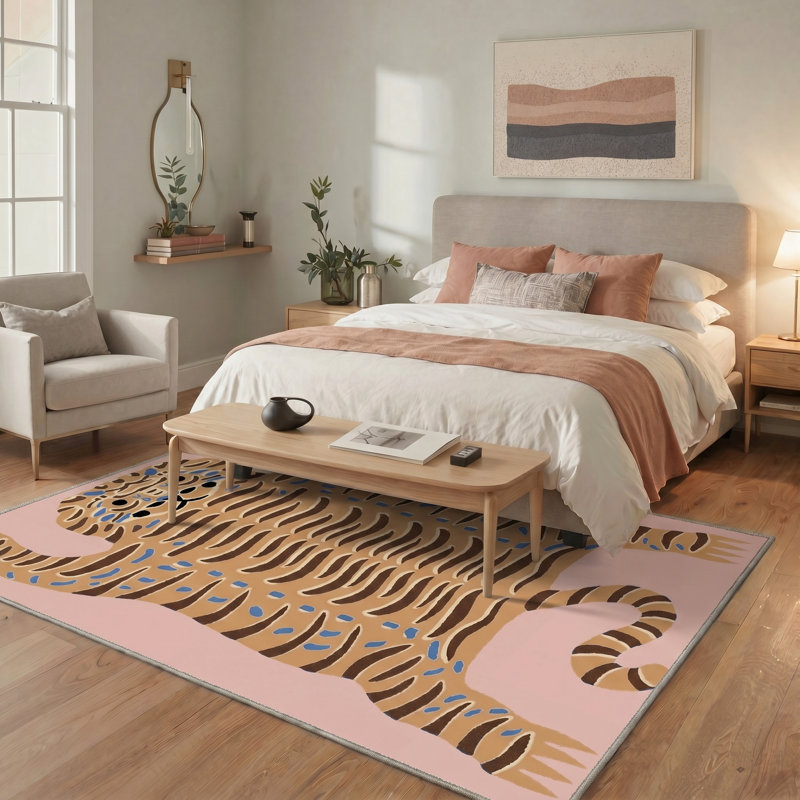Tapis d'intérieur brun lavable à la machine avec envers antidérapant Abidi, Fleur rose, Rectangle 5 pi x 7 pi