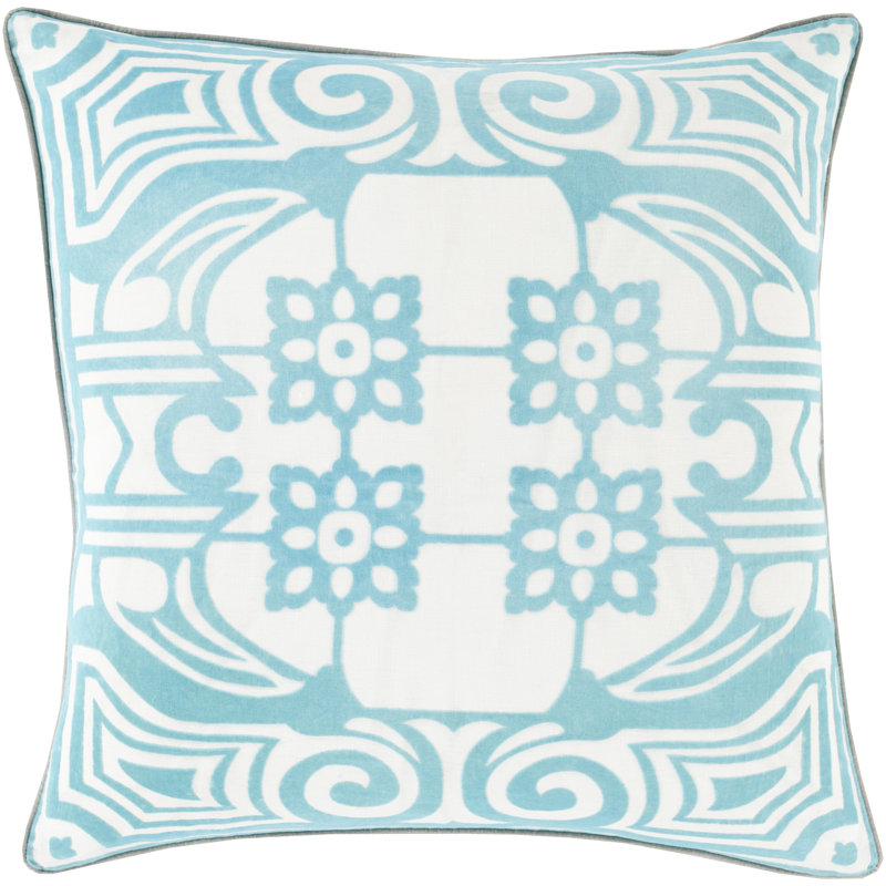 Embroidered Linen Throw Pillow, 20" H x 20" W x 4" D, Teal, Down