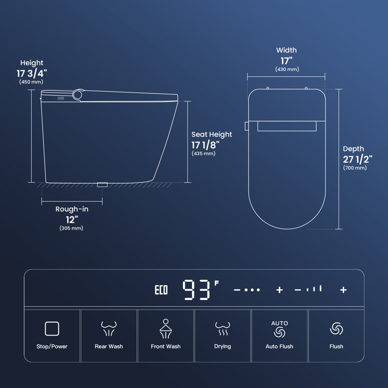 Premium Smart Toilet with Bidet, ADA Chair Height, Auto Open Lid, UV Sterilizer, Deodorizer, Elongated Heated Seat, 1.0/1.28GPF Smart Dual Flush, Warm Wash/Dryer, Foot Sensor, Remote Control