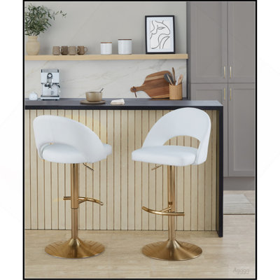 Tabouret de bar réglable avec pivot en métal doré et similicuir blanc avec repose-pieds rond en T - ensemble de 2