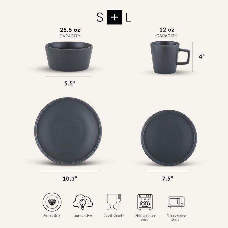 Stone Lain Celina Stoneware 16 Piece Dinnerware Set, Service for 4, Gray Matte, Gray Matte