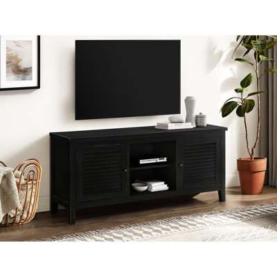 60 - Inch Coastal Style Tv Stand With Distressed Finish, For Up To 65 Tvs, Two Louvered Doors And Central Open Shelves Cord Management In Primary Living Space Wood 69 Inches Tvs Capacity,