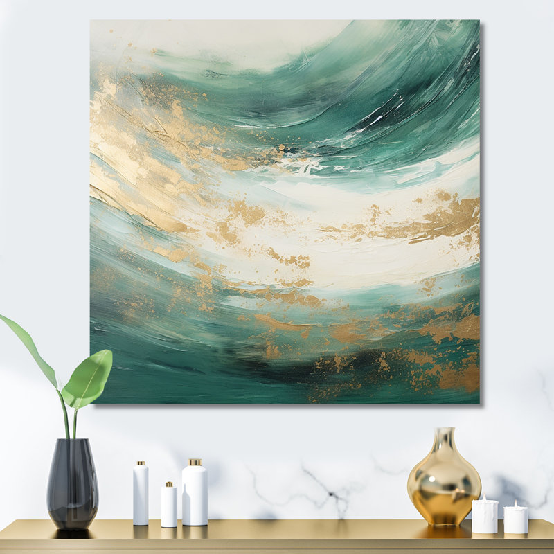 Or et vert Soft Wave Fusion - formes abstraites, art mural pour le salon, H 30 po x l 30 po x P 1 po, Toile tendue