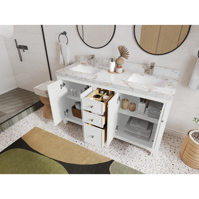 Chicago 60 " W Freestanding Standard Free Standing Single Double Vanity Bathroom Vanity With Quartz Top, Pearl Gray