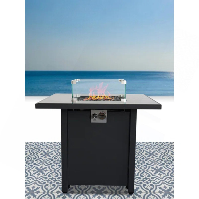Foyer d'extérieur 30 po en métal thermolaqué noir avec plateau en verre fumé