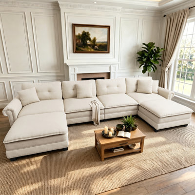 Canapé modulaire de 158 po avec 2 repose-pieds, surdimensionné en U profond en chenille ou aspect lin avec garniture cloutée