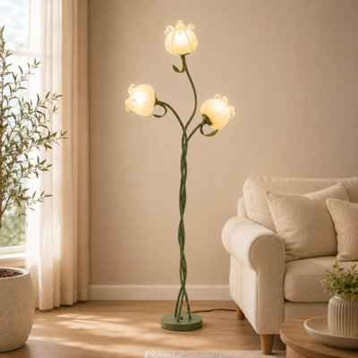  Lampe sur pied à fleurs avec design inspiré du muguet, lampe sur pied décorative à DEL avec tige réglable torsadée, 3 abat-jour blanc laiteux et 3 modes de température de couleur pour le coin lecture du salon