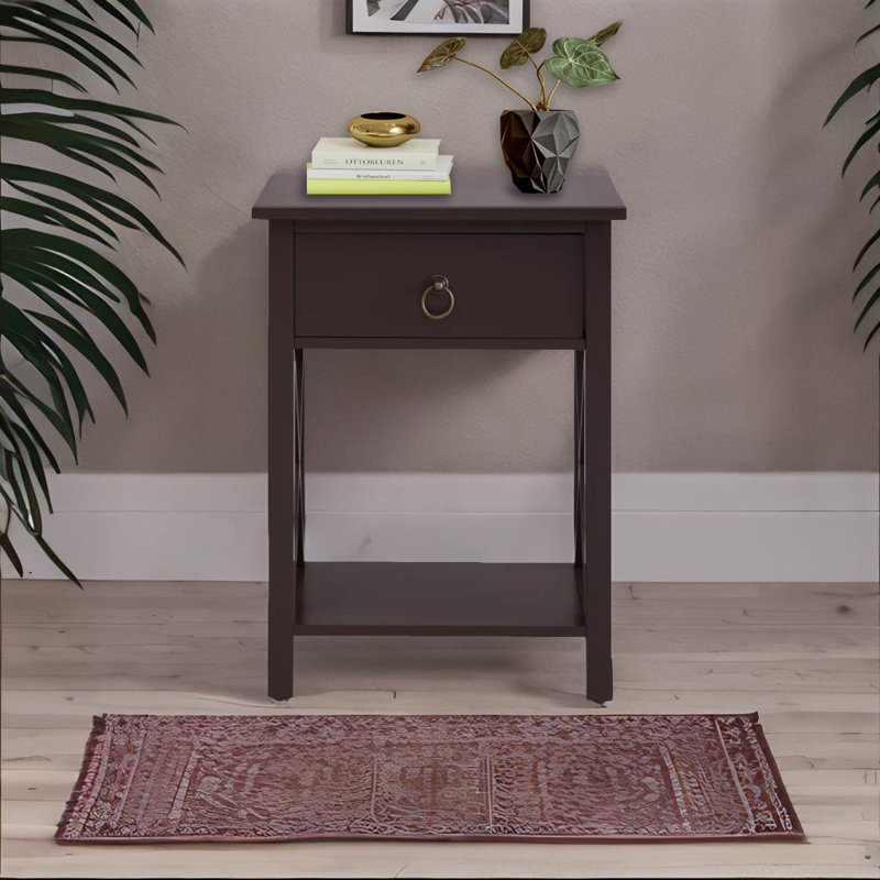 Espresso Solid Wood Small End Table with Drawer and Shelf
