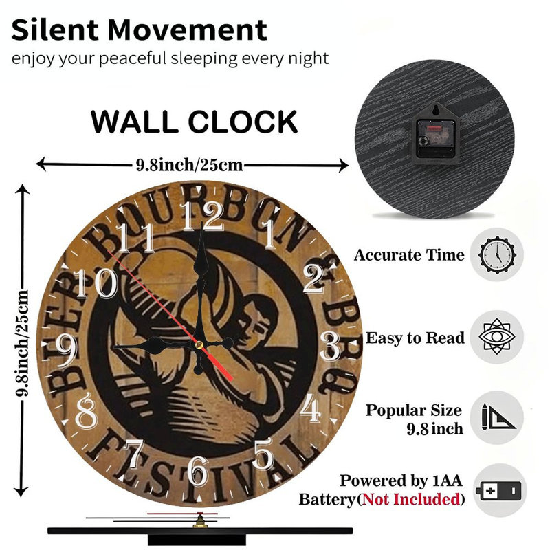 Horloge murale en bois 10 po, mouvement silencieux, à piles (piles AA non incluses), décor artistique, parfait pour les décorations