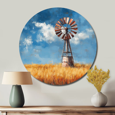 Rustic Windmill In Wheat Field - Barn Round Metal Wall Decor