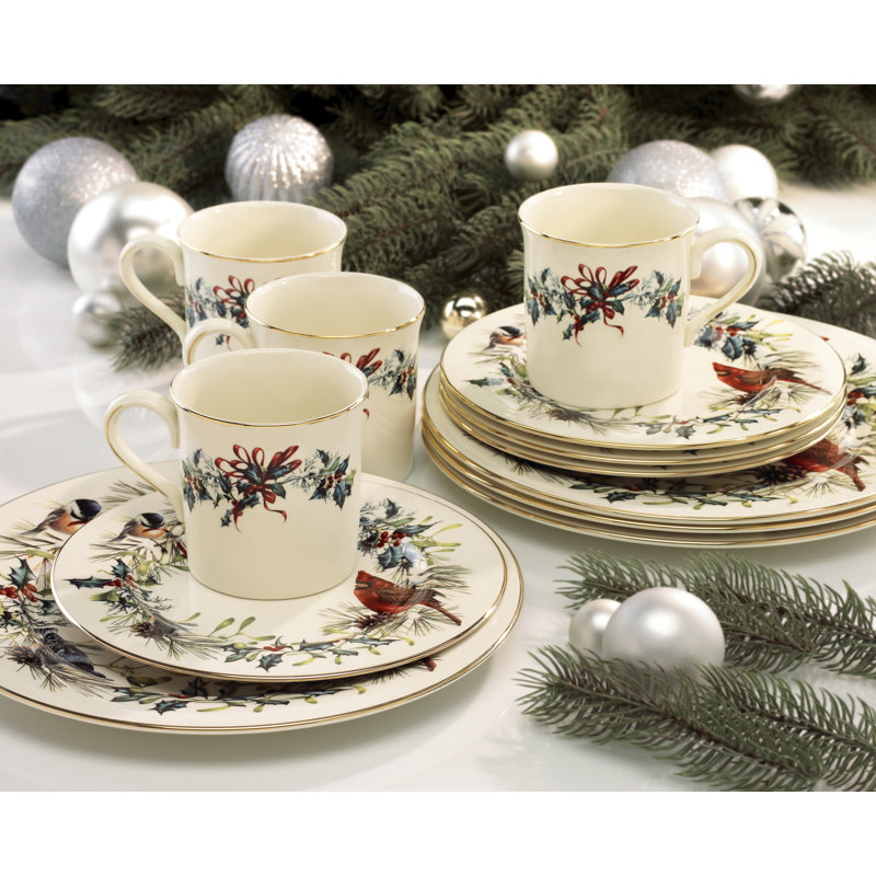 Winter Greetings Ivory Porcelain 12-Piece Dinnerware Set with Gold Trim