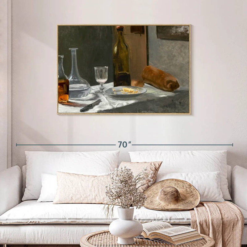 Nature morte avec carafe à pain et vin 1862-1863, 43 po x 29 po, Cadre flottant en bois naturel