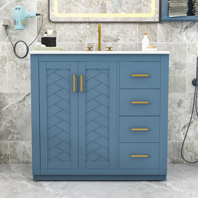 Bathroom Vanity with Ceramic Sink, 3 Drawers and Soft-Closing Doors Cabinet, Indigo