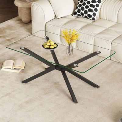 Table basse rectangulaire moderne, plateau en verre trempé et pied tubulaire en métal pour le salon, l 39,37 po x l 23,62 po x H 16,93 po